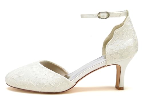 Hanfike Womens Lace Wedding Shoes Low Heel Round Toe Bridal Formal Party Pumps JY1484