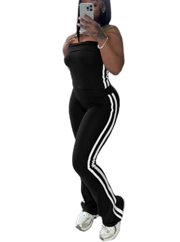 HBQ Womens 2 Piece Outfits Strapless Crop Top and Flare Pants Casual Stripe Lounge Sets Tracksuits Black M