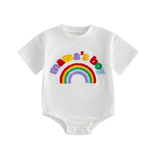 XIXIMAON Newborn Mamas Boy Romper Baby Boy Short Sleeve Crew Neck Rainbow Letter Embroidered Jumper Shirt Spring Summer Infant Boy Clothes (White, 0-3 Months)
