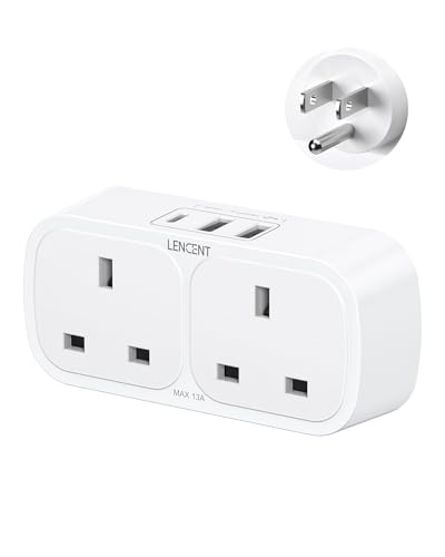 LENCENT UK to US USA Plug Adaptor with 1 Type C and 2 USB Ports, 2 Way Grounded America Travel Adapter for the United States, Mexico, Canada, Thailand, the Philippines and More (Type B)