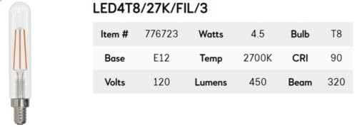 Bulbrite Item 776723 LED Filament Bulb, 2700K, Fully Compatible Dimming, Bulb Type T8, 4.5 Watts, Bulb Base E12, 450 Lumens, 120V, CRI 90, Warm White Light, Decorative Bulb with E12 Base