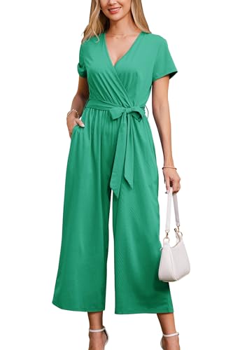 OUGES Jumpsuit Damen Sommer Elegant Overall Lang Playsuit Kurzarm Casual Hosenanzug mit Taschen(Seegrün,XXL)