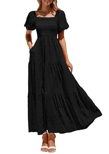 PRETTYGARDEN Womens Summer Puff Short Sleeve Maxi Dress Square Neck Smocked Tiered Ruffle A Line Long Flowy Beach Dresses (Black,Small)