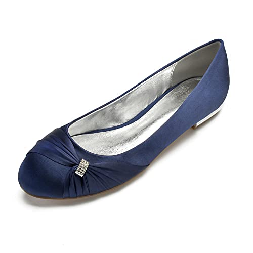 MGEM Damen Ballerinas Sommer elegant Strass Satin Runde Zehen Flache Brautschuhe Hochzeit Schuhe Sandalen,Dark Blue,38 EU Cover