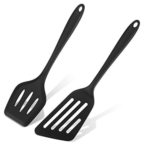 Juego de 2 espátulas de silicona, resistentes al calor, ranuradas, utensilios de cocina, sin BPA, espátulas antiadherentes para freír, voltear, huevos de pescado, panqueques, papas fritas, color negro