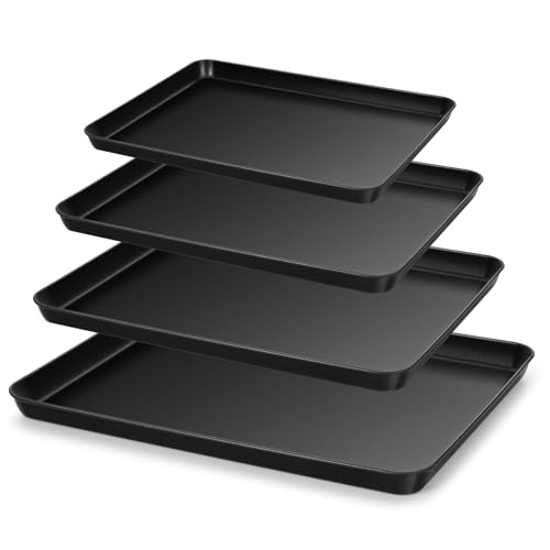 HaWare Baking Tray, Large Nonstick Oven Tray Set of 4, Carbon Steel Cookie Sheet Pan for Baking/Cooking/Serving, Healthy & Non Toxic, Rust Resistant & Easy Clean - Black