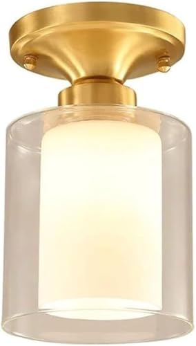 HTERWQEA Lámpara techo semiempotrada latón dorado con pantalla vidrio cilíndrico 5.5″, pequeña y moderna, for pasillo, entrada, cocina y baño.