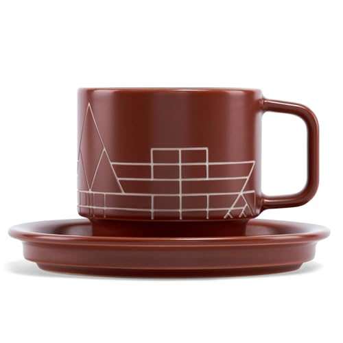 Tea Forte Terra Stoneware Teacup with Saucer, Frank Lloyd Wright, 8 oz. Stoneware Teacup for Steeping Pyramid Infusers, Dishwasher & Microwave Safe