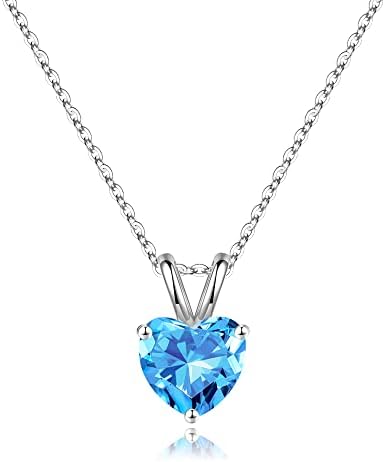 March Birthstone Necklace for Women, Sparkle Solitaire Heart Cut Natural Aquamarine Necklace Hypoallergenic 18K White Gold Plated S925 Sterling Silver March Birthstone Jewelry for Women Mom Grandma