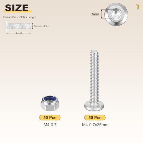 Image of METALLIXITY Crib Screws Replacement Set(M4-0.7x25) 100Pcs, Silver Tone, 304 Stainless Steel Hex Socket Screws with Lock Nuts - for Furniture Woodworking Project, Silver Tone