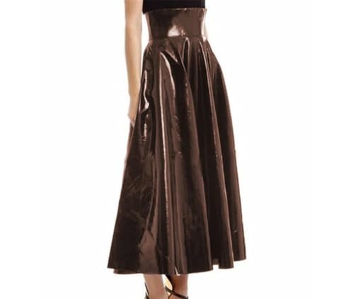 Womens High Waisted Faux Leather Pleated Skirt Flared Midi Swing Skirt with Zipper Back2