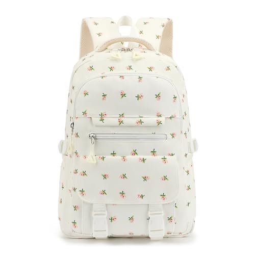 Image of Kids High Middle School Backpack for Girls 5-12 Kawaii Travel Flower Bookbag,Beige Flower