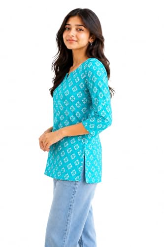 Image of Women Ikat Print Short Kurti Top,Cotton Blend Casual Ethnic Kurta for Women, Stylish Office Kurti Tunic,Lightweight Printed Short Kurti Kurti for V Nack Kurti
