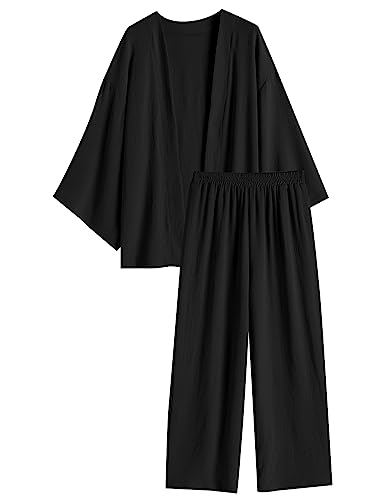 ZAFUL Women 2 Piece Tracksuits Outfits Loungewear Sets Solid Linen Loose Cardigan Suits And Wide Leg Pants Casual Suits