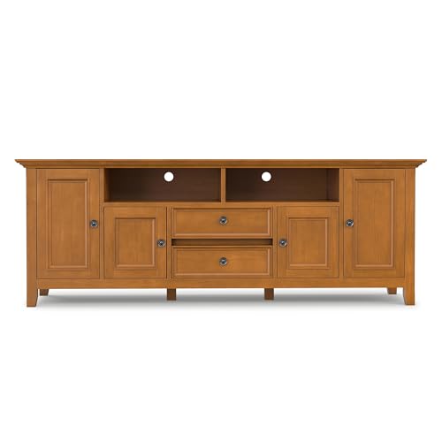 Image of SIMPLIHOME Amherst 72 inch Wide Solid Wood TV Stand in Light Golden Brown