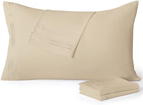 YIYEA 100% Brushed Microfiber Pillow Cases Queen Size Set of 4, Embroidered Bed Pillowcases Pillow Covers with Envelope Closure, Wrinkle, Fade and Stain Resistant (20"x30", Cream)