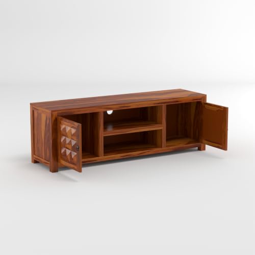 Image of Solid Sheesham Wood Entertainment TV Unit with 2 Door | Rosewood Tv Stand /TV Cabinet for Living Room | Bedroom | Wooden TV Panel with Shelf Stoarge | TV Table