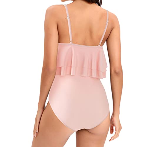 Lnmuld Tankini Swimsuits For Women Women's Double Shoulder Backless Ruffle Solid Conservative 1 Piece Swimsuit Pink #TOP2