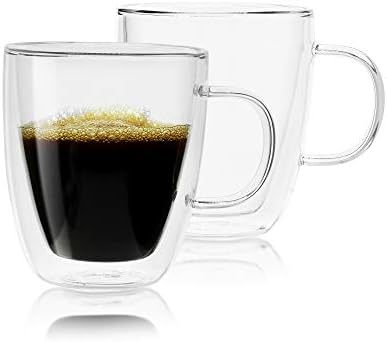Glass Coffee Mug by Bocussi | Set of 2-12 Ounce Insulated Double Wall Mugs | Longer Lasting, Perfect for Espresso, Tea, Hot Chocolate, Water & More