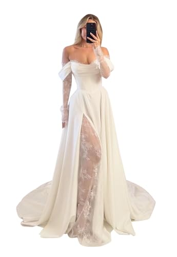 Off Shoulder Satin Wedding Dresses Lace Long Sleeve Prom Dresses Corset A-Line Ball Gowns with Slit