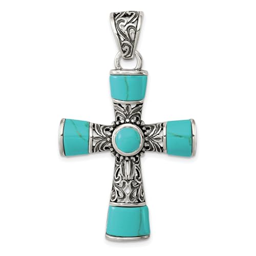 Handcrafted Sterling Silver Cross Pendant with Blue Green Turquoise Cabochon