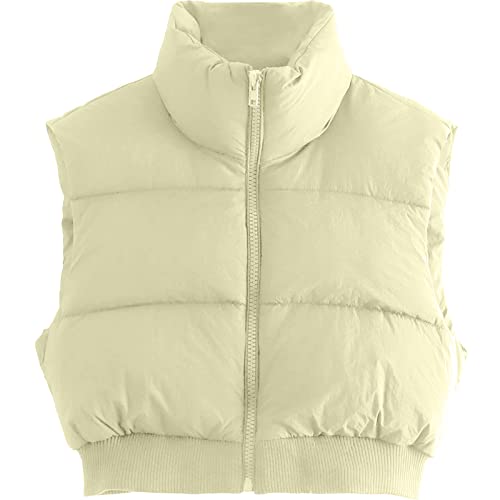 Shiyifa Women's Fashion High Neck Zipper Cropped Puffer Vest Jacket Coat(02Beige,XL)