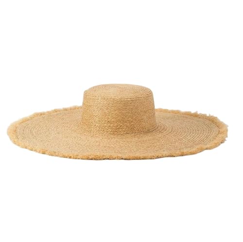 Women's Summer Bohemian Beach Sun Hat Outdoor Wide-Brim Flat Top Straw Hat En8 57cm