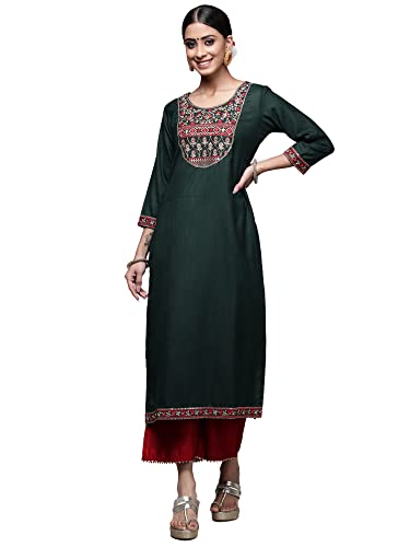 Image of INDO ERA Women's Cotton Straight Fit Embroide Calf Length Straight Kurta (KT4GN9262)
