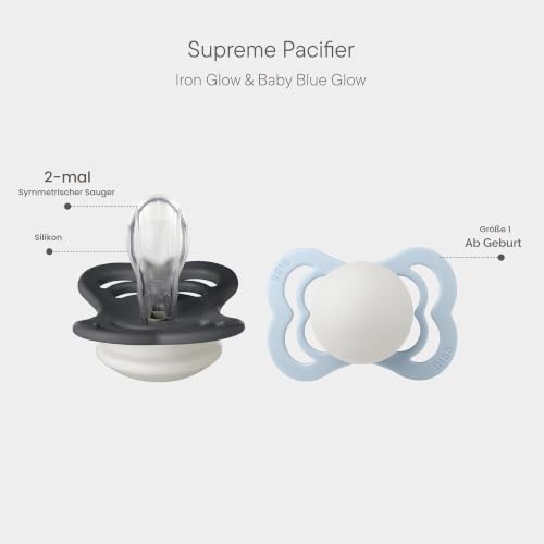 BIBS Supreme GLOW Schnuller, 0-6 Monate, 2er-Pack, Iron/Baby Blue – Ansicht 2