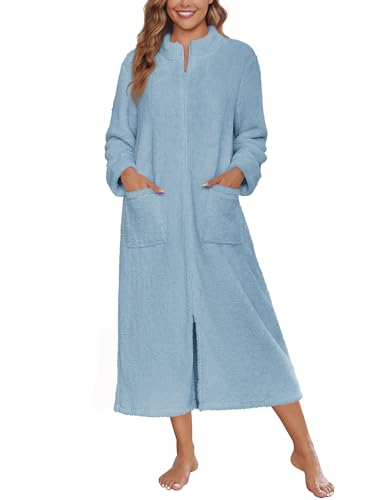 Image of Ekouaer Women Zipper Robe Fleece Long Sleeves Bathrobe Sleepwear Warm Soft Housecoat with Pockets Zip Up House Dresses