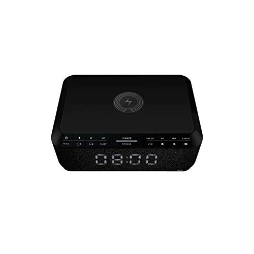 Bigben Sound RR140INBT - Radio despertador (Bluetooth, 230 V, AUX-IN 3.5 mm, base de carga inalámbrica para el móvil, altavoz inalámbrico) negro