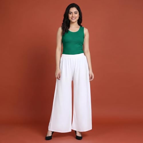 Image of FASHION GALLERY Women's Solid Rayon Palazzo Pants | Relaxed Fit Full Length Wide Leg Palazzo | Elastic Waist Comfortable Casual Lounge Office Ethnic Flared Trousers for Women