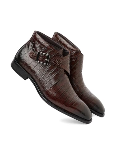 Image of Davidoff Croco Boot Brown | Premium Crocodile Textured Leather Formal Chelsea Boots for Men | Classic Slip On Ankle Boots with Durable Sole for Office Wedding