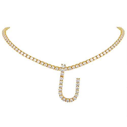 FindChic Bling Fully CZ Tennis Chain Initial Necklace for Women 16'' Butterfly Choker 18K Gold Plated Simulated Diamond Cubic Zirconia Letter Necklace
