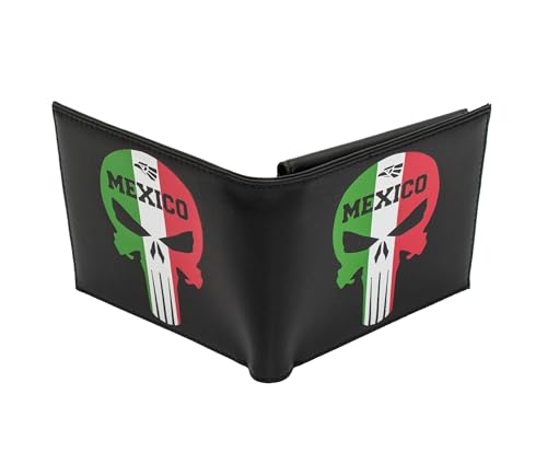 Mens Bifold Wallet Picture Mexican Flag Skull Mexican Punisher with a gift box2