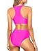Tempt Me Women Hot Pink Two Piece Swimsuit High Waisted Bikini Set Sporty Racerback High Neck Bathing Suits with Bottom L