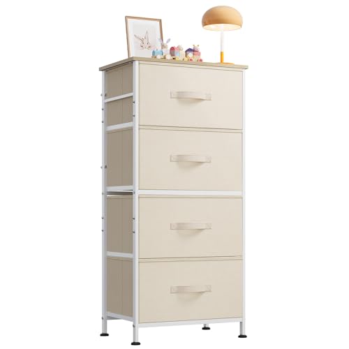 Image of WLIVE Dresser with 4 Drawers, Storage Tower, Organizer Unit, Fabric Dresser for Bedroom, Hallway, Entryway, Closets, Sturdy Steel Frame, Wood Top, Easy Pull Handle, Cream White