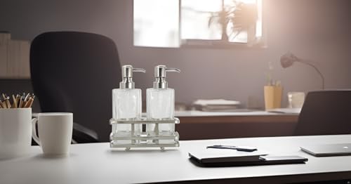 Square Glass Clear Lotion and Soap Pump Dispenser Set with Metal Stand Caddy for Bathroom Bath Kitchen Home Office Travel Hotel Hand Crafted Heavy Weight