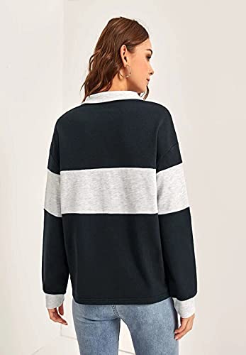Image of FORCE Women Cotton Blend Collared Neck Color Block::Solid Tshirt Navy Blue, Grey