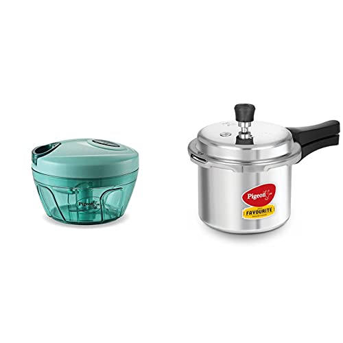 Image of Pigeon by Stovekraft Favourite Outer Lid Non Induction Aluminium Pressure Cooker, 3 Litres & Plastic Mini Handy and Compact Chopper with 3 Blades (Green , 400 ml)