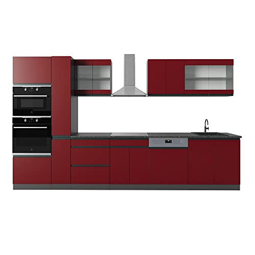 Vicco Küchenzeile R-Line, Rot/Anthrazit, 350 cm J-Shape, mit Hochschrank, ohne Arbeitsplatte, zur individuellen Anpassung und Erweiterung geeignet