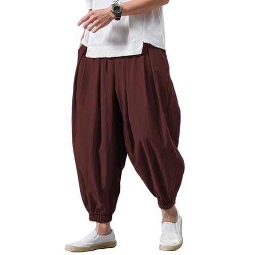 MARSVOVO Harem Pants for Mens Fashion Trousers Loose Elastic Waist Drawstring Belted Casual with Pockets Japanese Style