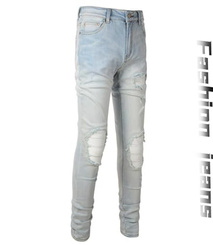 Jeans Pants Trousers Denim Retro Light Blue Trendy Street Worn Hole Piercing Patch Elastic Stretch Slim Fit Tight Casual Straight Leg for Men(Light Blue,29)2