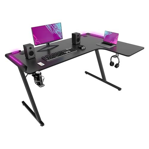 FRANKYSTAR Shigeru – Escritorio de gaming angular 140 x 99 x 76 cm con LED porta vaso gancho auriculares para ordenador de MDF y metal negro