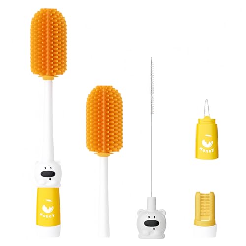 Image of 4in1 Silicone Water Bottle Brush Kit,Baby Bottle Cleaning Brush and Straw Cleaner for Reusable Cups,Travel Mugs,Sippy Cups,Wine Glasses(Orange)