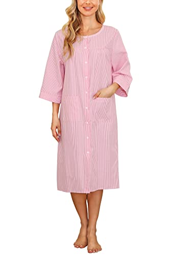 Image of Bloggerlove House Dress Women Cotton Snap Front Nightgown 3 /4 Sleeve Housecoat Duster Robe with Pockets Moomoo Patio Dress