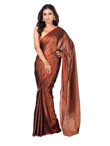 Image of Women's Tissue Cotton Saree | Plain Lightweight Tassel Pallu Saree with Blouse