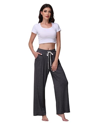 Image of Veseacky Women's Wide Leg Lounge Pants Yoga Pajamas Comfy Stretch Drawstring Pajamas Puls Size Dance Bottoms S-4XL