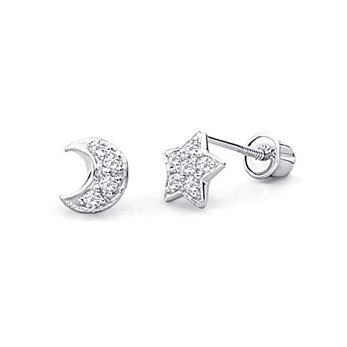 14k Yellow OR White Gold Star & Moon Stud Earrings with Screw Back