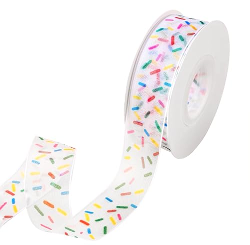 Candy Sprinkle Sheer Ribbon 1 Inch 25 Yards Rainbow Donuts Birthday Ribbon for Wreath Hair Bow Baby Shower Craft Gift Wrap Party Bakery Decor (Candy Sprinkle)